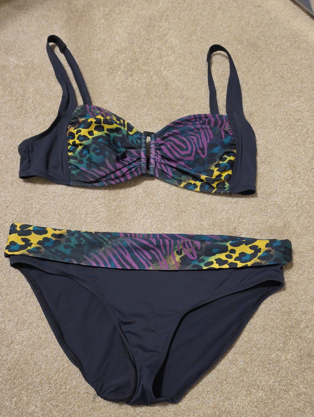 Sky Navy Bikini Set with Yellow, Teal & Purple Animal Print Sz L
